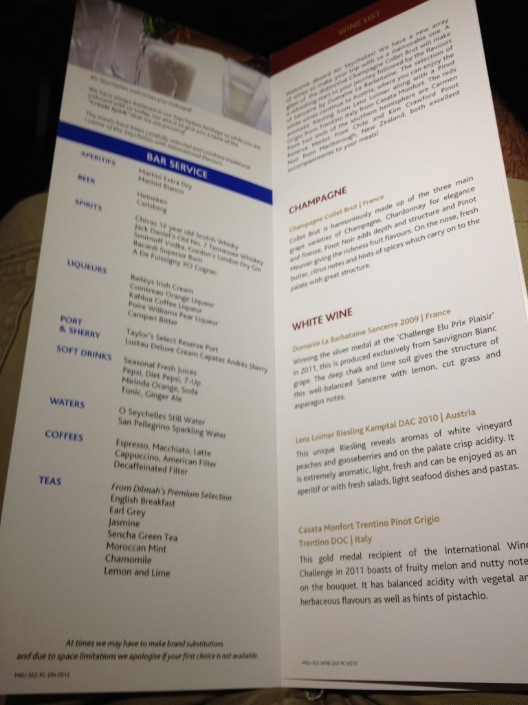 Air Seychelles drinks menu